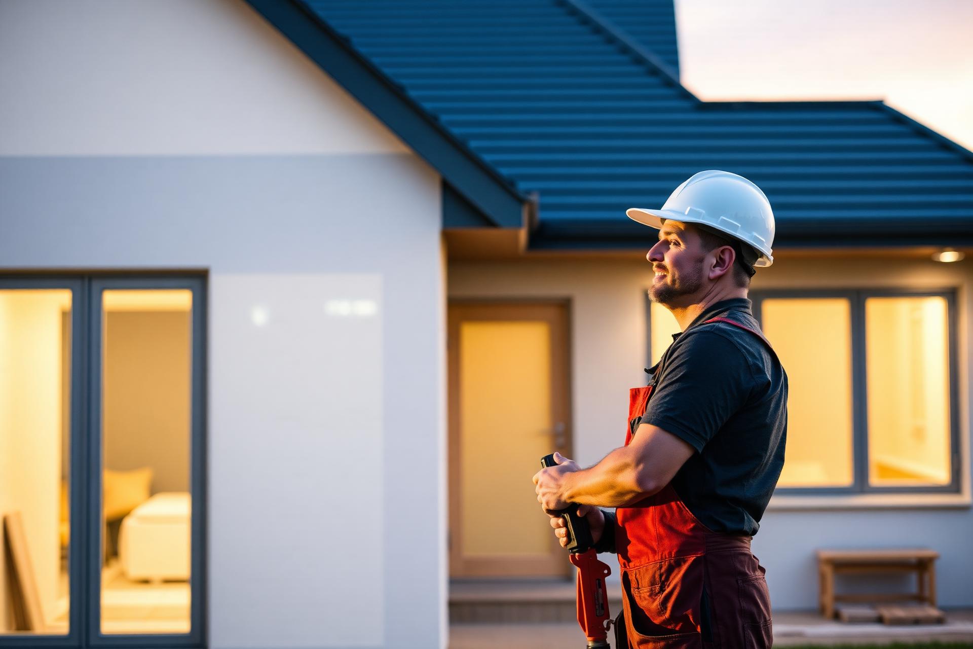 Professioneller Handwerker vor modernem Haus